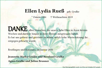 Anzeige von Ellen Lydia Rueß von Reutlinger General-Anzeiger
