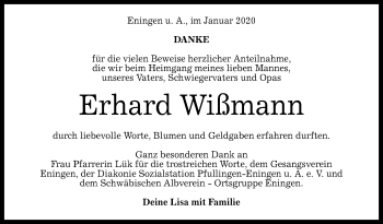 Anzeige von Erhard Wißmann von Reutlinger General-Anzeiger
