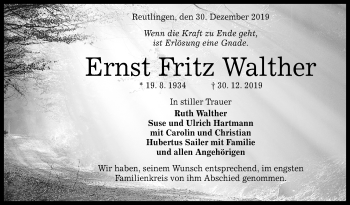 Anzeige von Ernst Fritz Walther von Reutlinger General-Anzeiger