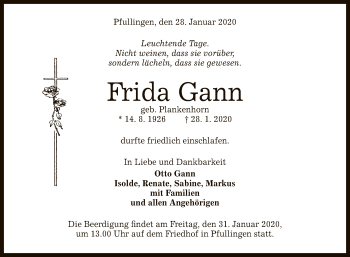 Anzeige von Frida Gann von Reutlinger General-Anzeiger