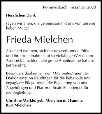 Anzeige von Frieda Mielchen von Reutlinger General-Anzeiger