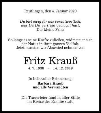 Anzeige von Fritz Krauß von Reutlinger General-Anzeiger