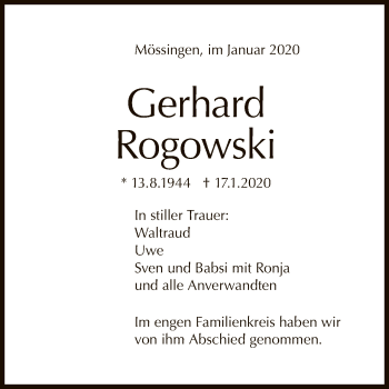 Anzeige von Gerhard Rogowski von Reutlinger General-Anzeiger