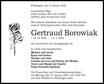 Anzeige von Gertraud Borowiak von Reutlinger General-Anzeiger