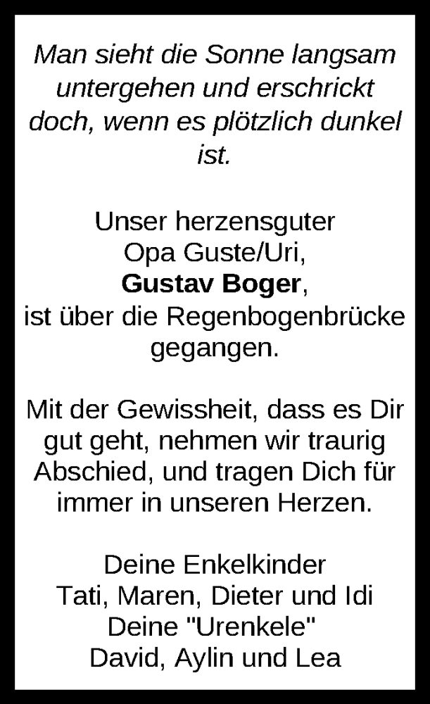  Traueranzeige für Gustav Boger vom 18.01.2020 aus Reutlinger General-Anzeiger