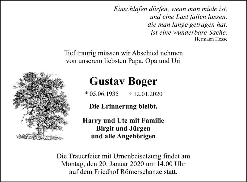 Traueranzeige für Gustav Boger vom 16.01.2020 aus Reutlinger General-Anzeiger