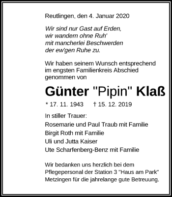 Anzeige von Günter  Klaß von Reutlinger General-Anzeiger