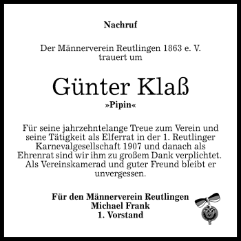 Anzeige von Günter Klaß von Reutlinger General-Anzeiger