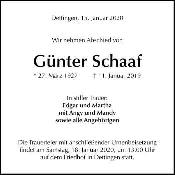 Anzeige von Günter Schaaf von Reutlinger General-Anzeiger