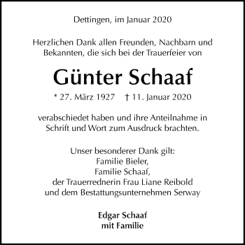 Anzeige von Günter Schaaf von Reutlinger General-Anzeiger