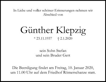 Anzeige von Günther Klepzig von Reutlinger General-Anzeiger