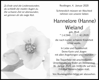 Anzeige von Hannelore Hanne von Reutlinger General-Anzeiger