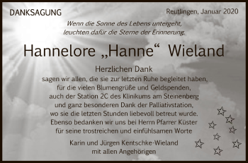 Anzeige von Hannelore Wieland von Reutlinger General-Anzeiger