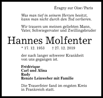 Anzeige von Hannes Molfenter von Reutlinger General-Anzeiger