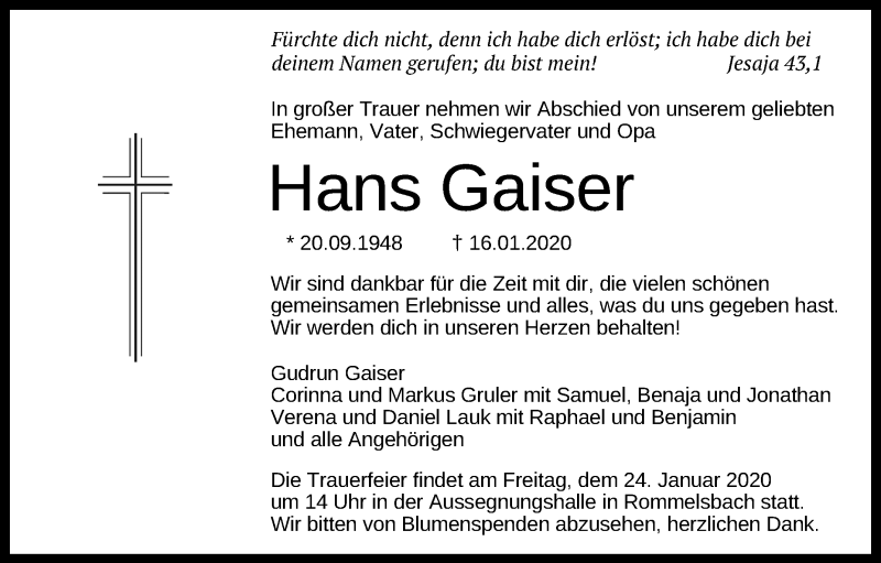  Traueranzeige für Hans Gaiser vom 21.01.2020 aus Reutlinger General-Anzeiger