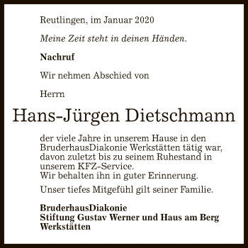 Anzeige von Hans-Jürgen Dietschmann von Reutlinger General-Anzeiger