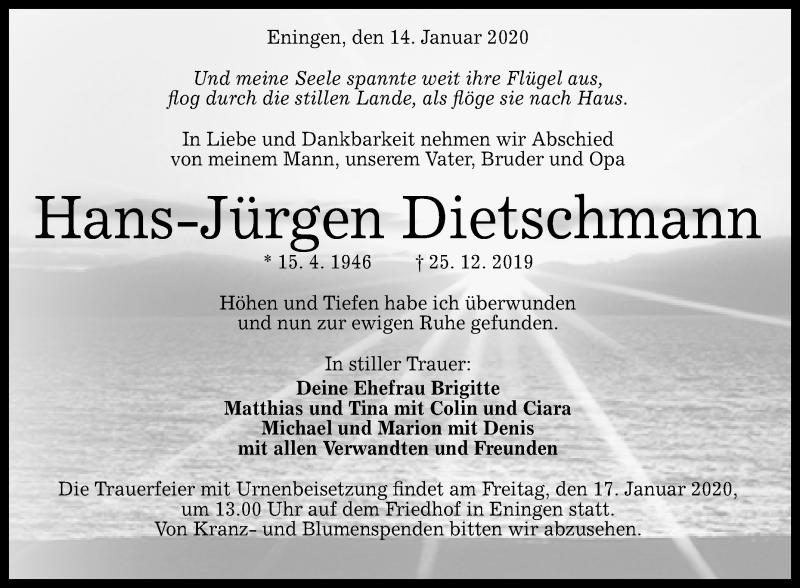  Traueranzeige für Hans-Jürgen Dietschmann vom 14.01.2020 aus Reutlinger General-Anzeiger