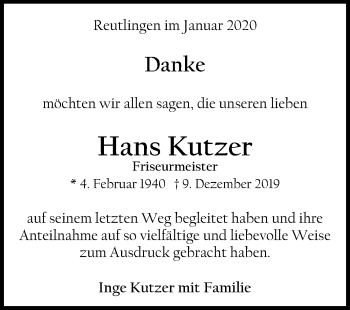 Anzeige von Hans Kutzer von Reutlinger General-Anzeiger