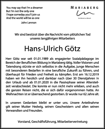 Anzeige von Hans-Ulrich Götz von Reutlinger General-Anzeiger