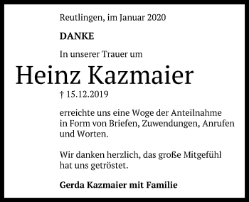 Anzeige von Heinz Kazmaier von Reutlinger General-Anzeiger