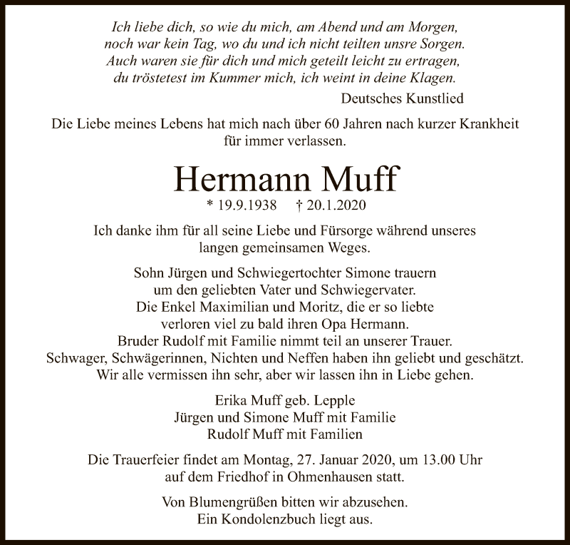  Traueranzeige für Hermann Muff vom 23.01.2020 aus Reutlinger General-Anzeiger