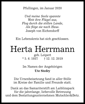 Anzeige von Herta Herrmann von Reutlinger General-Anzeiger