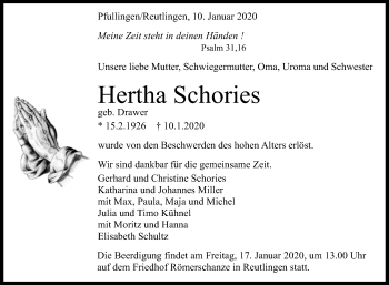 Anzeige von Hertha Schories von Reutlinger General-Anzeiger
