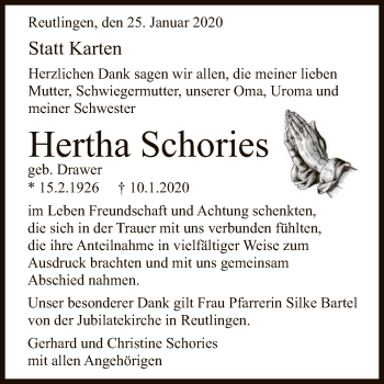 Anzeige von Hertha Schories von Reutlinger General-Anzeiger