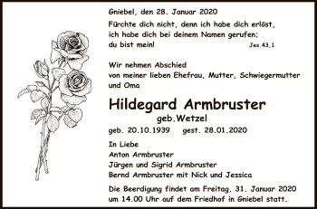 Anzeige von Hildegard Armbruster von Reutlinger General-Anzeiger