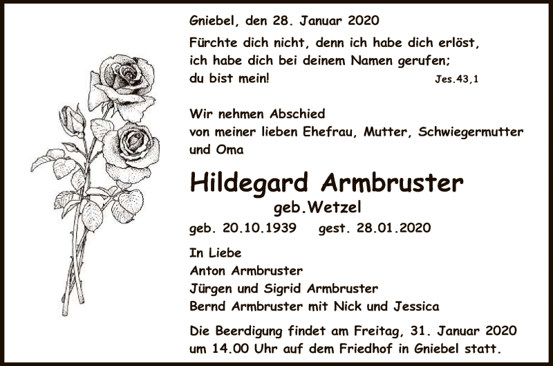  Traueranzeige für Hildegard Armbruster vom 29.01.2020 aus Reutlinger General-Anzeiger