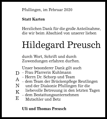 Anzeige von Hildegard Preusch von Reutlinger General-Anzeiger