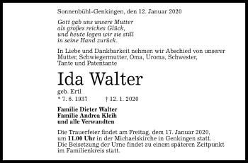 Anzeige von Ida Walter von Reutlinger General-Anzeiger