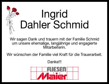 Anzeige von Ingrid Dahler Schmid von Reutlinger General-Anzeiger