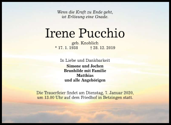Anzeige von Irene Pucchio von Reutlinger General-Anzeiger