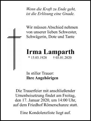 Anzeige von Irma Lamparth von Reutlinger General-Anzeiger