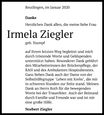 Anzeige von Irmela Ziegler von Reutlinger General-Anzeiger