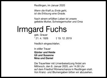 Anzeige von Irmgard Fuchs von Reutlinger General-Anzeiger