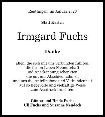 Anzeige von Irmgard Fuchs von Reutlinger General-Anzeiger