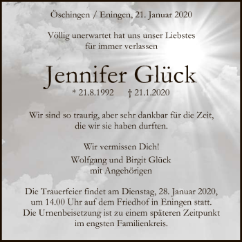 Anzeige von Jennifer Glück von Reutlinger General-Anzeiger