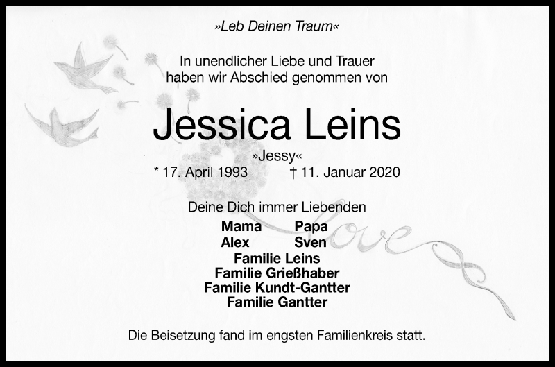  Traueranzeige für Jessica Leins vom 22.01.2020 aus Reutlinger General-Anzeiger