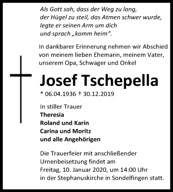 Anzeige von Josef Tschepella von Reutlinger General-Anzeiger