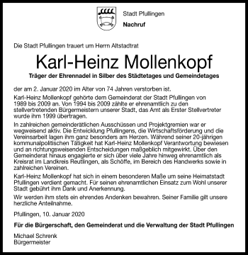 Anzeige von Karl-Heinz Mollenkopf von Reutlinger General-Anzeiger