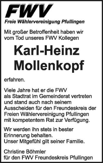 Anzeige von Karl-Heinz Mollenkopf von Reutlinger General-Anzeiger