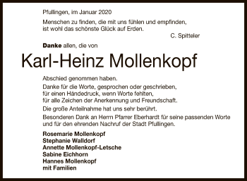 Anzeige von Karl-Heinz Mollenkopf von Reutlinger General-Anzeiger