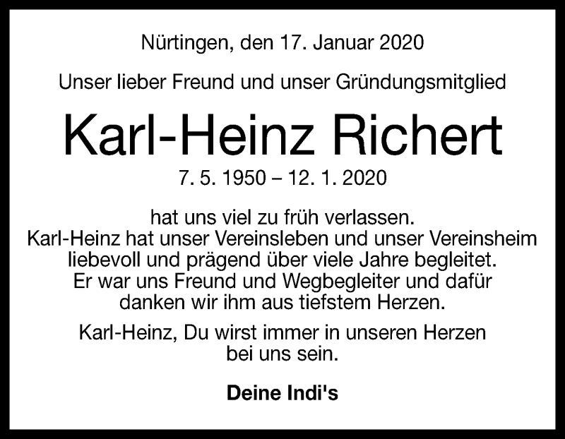  Traueranzeige für Karl-Heinz Richert vom 17.01.2020 aus Reutlinger General-Anzeiger