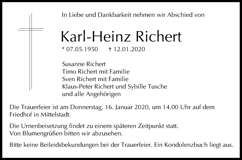  Traueranzeige für Karl-Heinz Richert vom 14.01.2020 aus Reutlinger General-Anzeiger