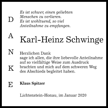 Anzeige von Karl-Heinz Schwinge von Reutlinger General-Anzeiger