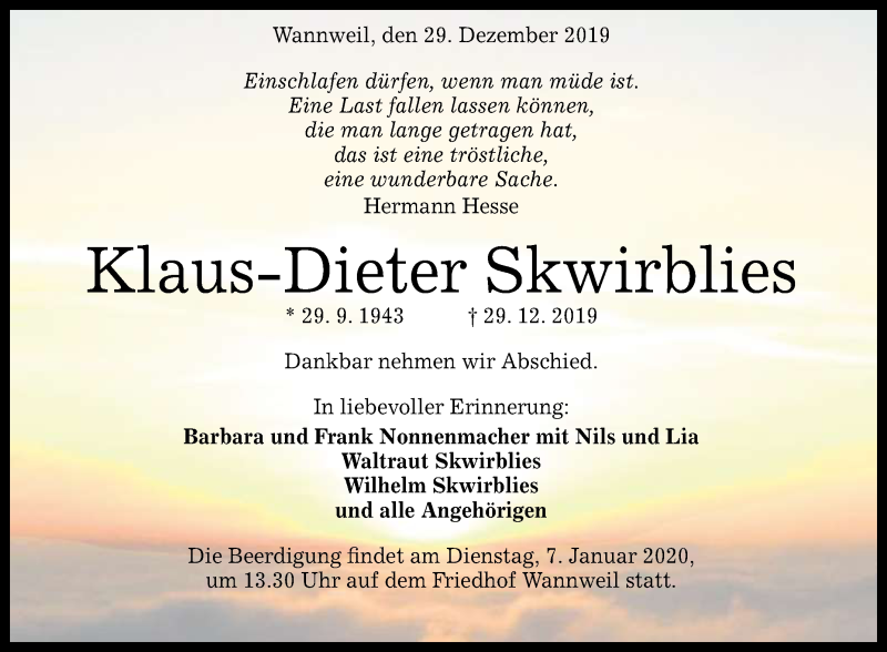  Traueranzeige für Klaus-Dieter Skwirblies vom 02.01.2020 aus Reutlinger General-Anzeiger