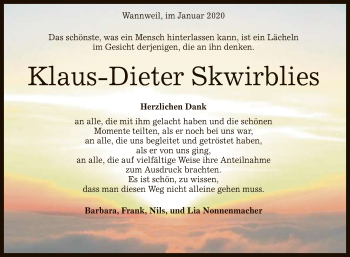 Anzeige von Klaus-Dieter Skwirblies von Reutlinger General-Anzeiger