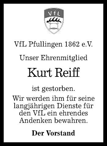 Anzeige von Kurt Reiff von Reutlinger General-Anzeiger